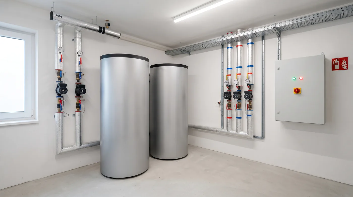 Technikraum mit zwei Pufferspeichern, Pumpen und gedämmten Rohrleitungen